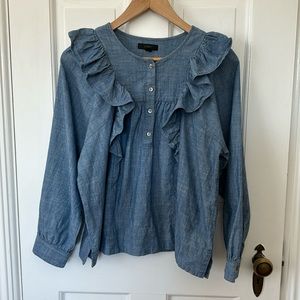J. Crew Blue Chambray Ruffle Detail Long Sleeve Top Size 4